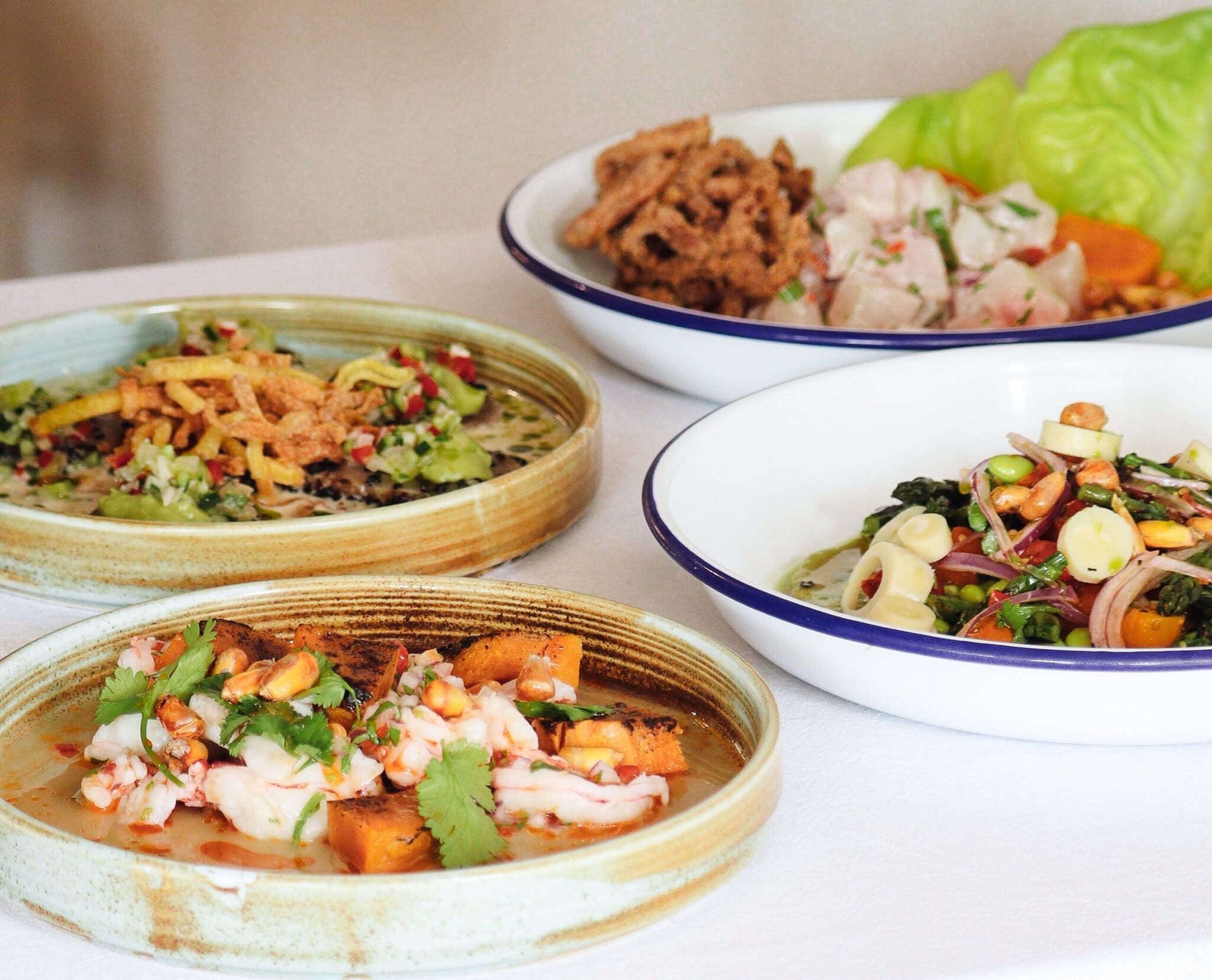 A vibrant selection of Peruvian dishes including fresh ceviche, sweet potato, corn, and crisp lettuce cups served on artisan ceramic plates.
