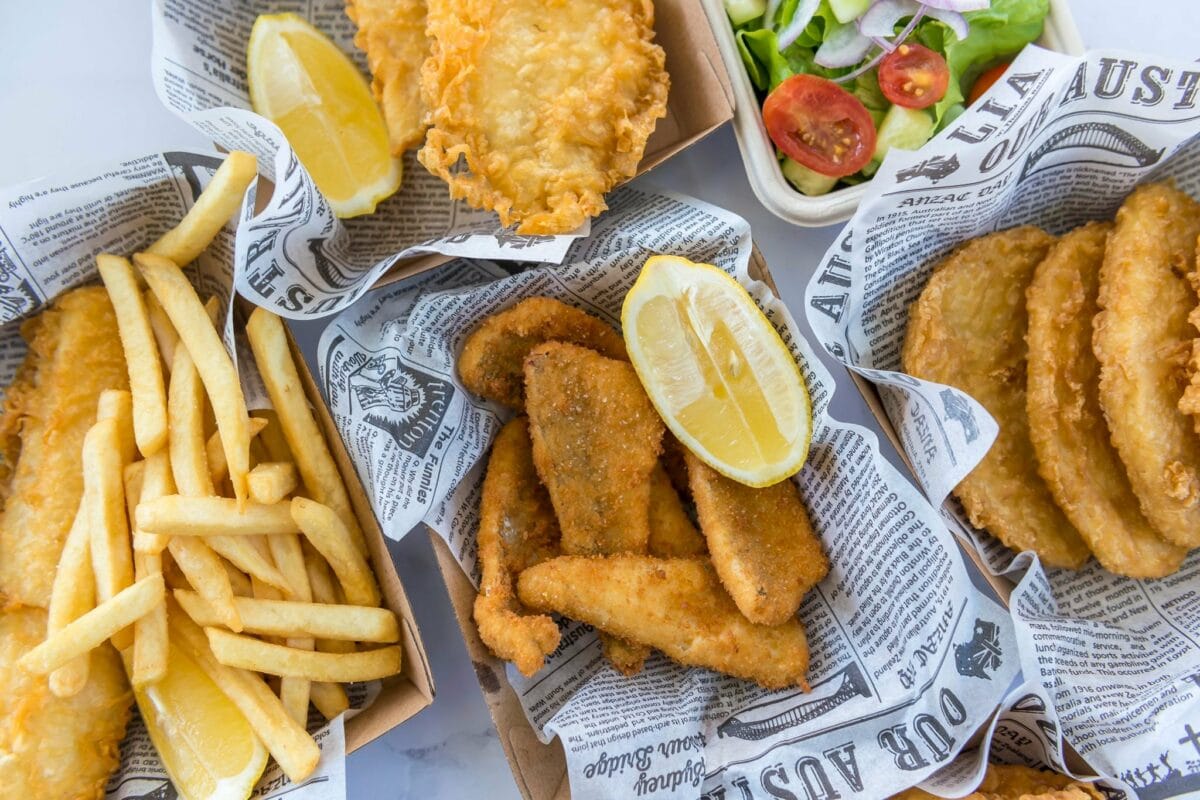 “Crispy fish and chips, crumbed seafood, onion rings and salad served at Trident Fish & Grill in Alstonville