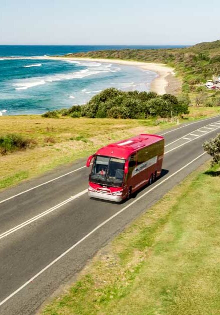 Red Greyhound coach driving along the scenic Coast Road near Ballina, with ocean views and green coastal landscape.
