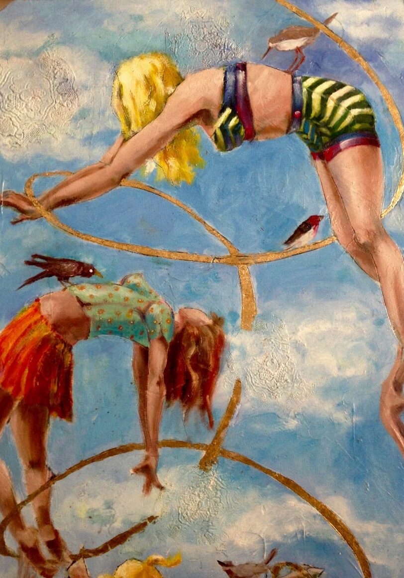 Surreal painting by Melissa Wright featuring two women in playful, acrobatic poses suspended in a dreamlike sky, surrounded by golden rings and birds.